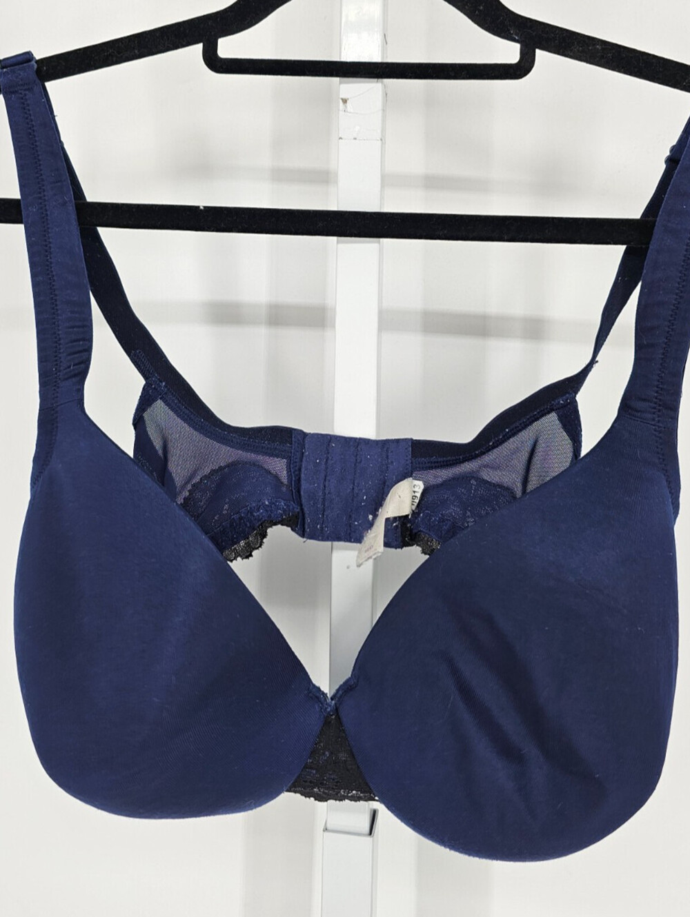 Cacique Womens Sz 40D Lightly Padded T Shirt Bra Blue w/ Black Lace Trim